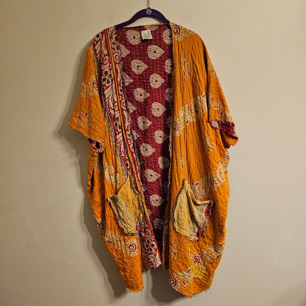 Jaded Gypsy Kantha Kimono Womens Free Size Orange Raw Edge Boho Pockets